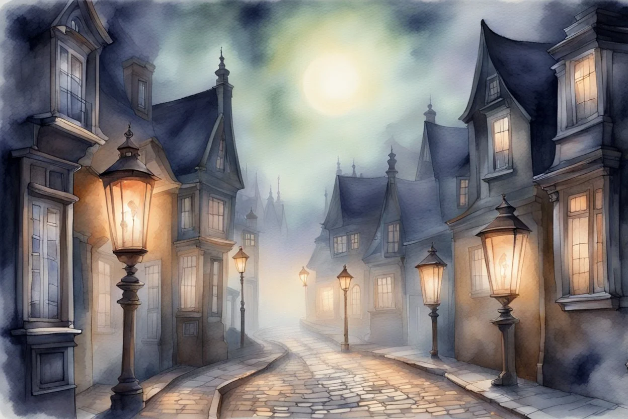 Prompt: a lantern glowing softly on a cobblestone street, mist swirling, with old Victorian houses lining the path, watercolor, mysterious, nocturnal