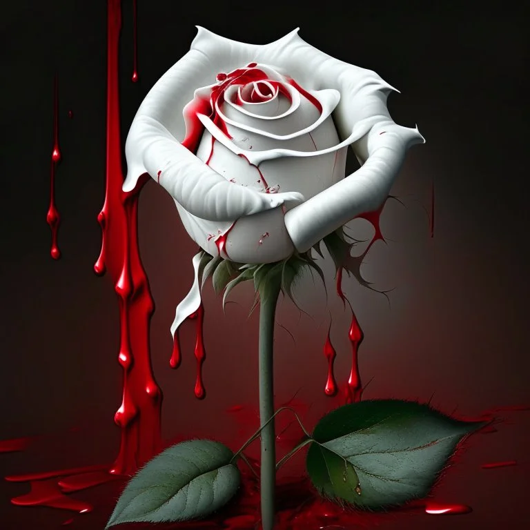 A white rose bleeding red blood from its stem