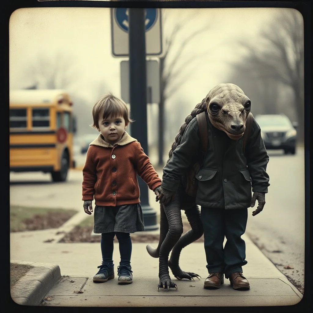 absurd, vintage photographic image, kindergartener along with an anthropomorphic quadrupedal pale Beksinski inspired disfigured crawling monster waiting hand in hand together on a curb waiting for the school bus, faded colors, nihilistic, post-humanist pessimism