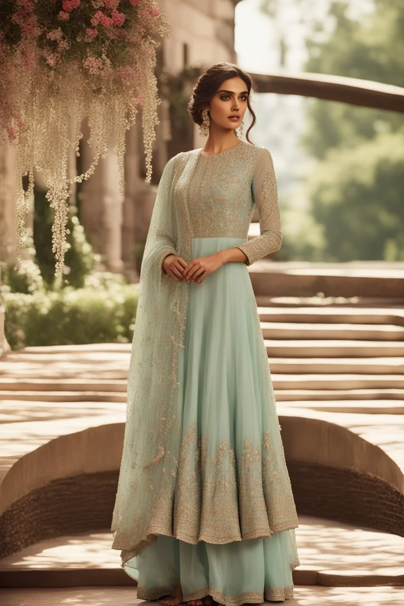 A powder blue anarkali suit with a high-low hem and a flowy silhouette.The bodice is heavily embroidered with intricate threadwork and sequins in a floral pattern.The dupatta is a sheer mint green with scalloped lace borders.