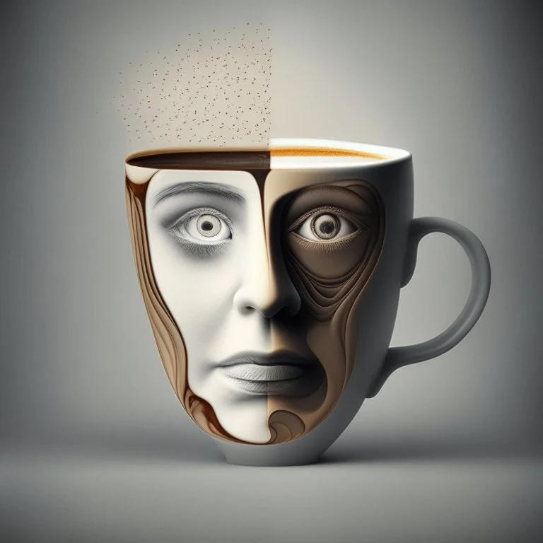 Psychological design of a thinking human face, combining a coffee cup with a human face for a cafe