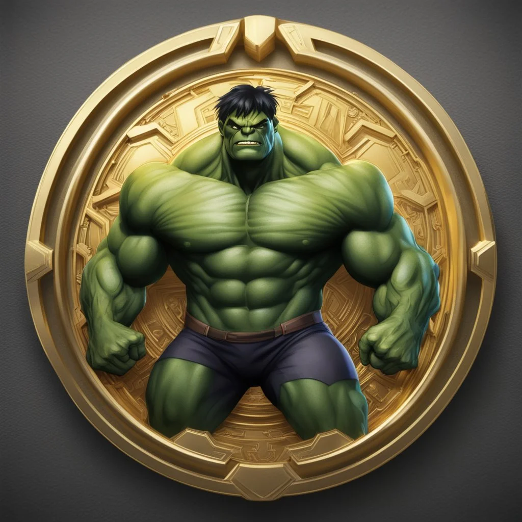 hulk logo animated inside a golden medalion