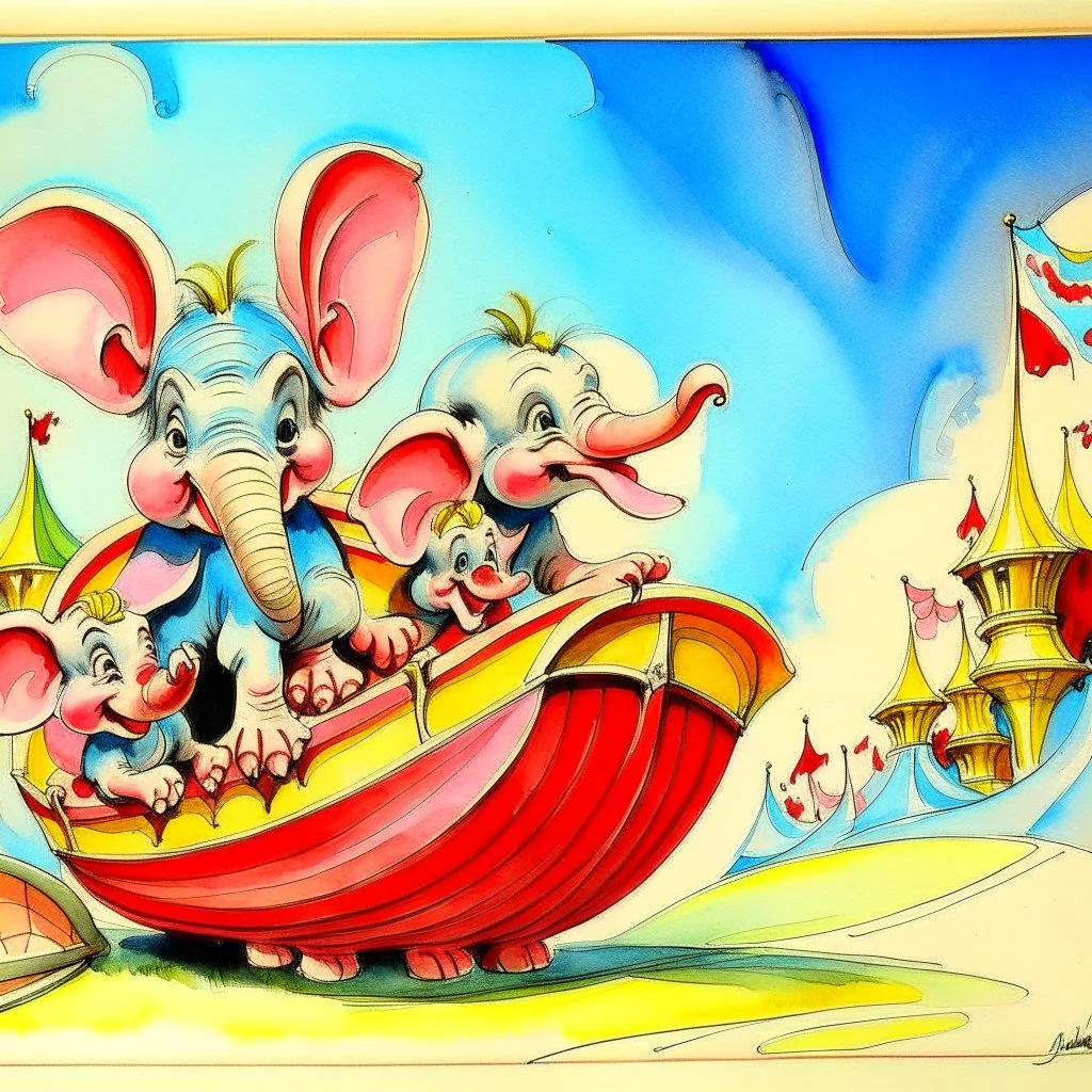 1940s animation art of Dumbo, a baby circus elephant with abnormally large ears that allows him to fly, surreal scene, pink parade of elephants, conceptual art, watercolor paint, early salt disney animation, hand drawn, modernist cute, Mary Blair, Harold Pearl, over exaggerated cartoonist