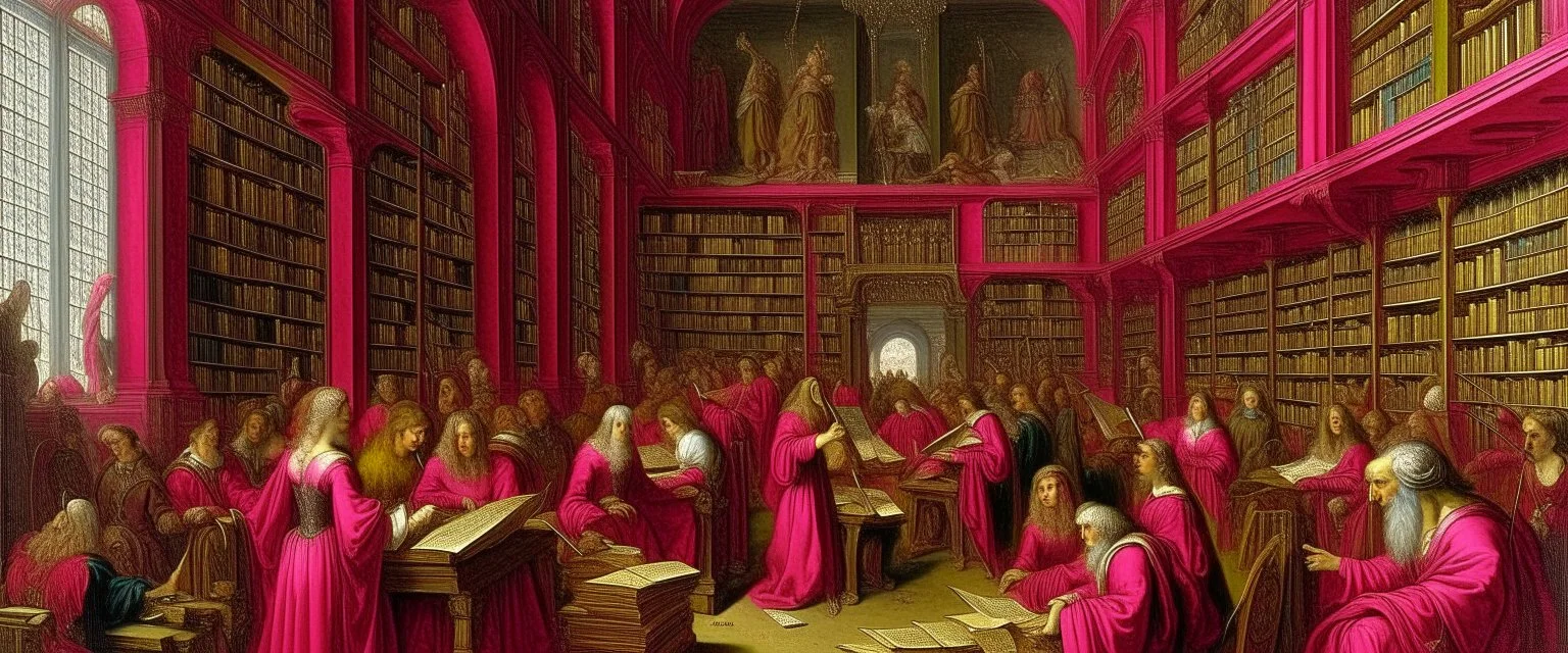 A magenta party in a library painted by Albrecht Durer