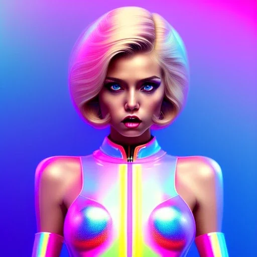 blonde woman, purpurin, minimal latex dress, gradient color, BLUE, PINK, CYAN, neon, insanely detailed, 16k resolution, perfect eyes, cinematic smooth, intricate detail