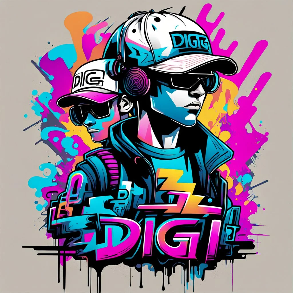 Vector t shirt art ready to print abstract color graffiti illustration of a cyberpunk boys and a basecap with text "Digi".On cap, white background.