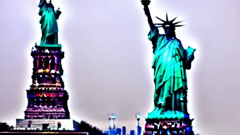 A Tesla's 'Model S Plaid' is performing donuts, under the Statue of Liberty, in New York city. CINEMATIC. WIDE ANGLE LENS.