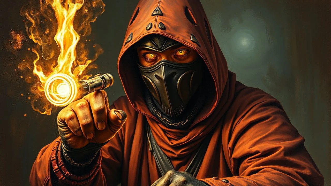 pin hole cam, master oil painting by Rembrandt, realistic rendering of crazy dark ninja scientist holding a holy neon glowing super power tube gensis vial