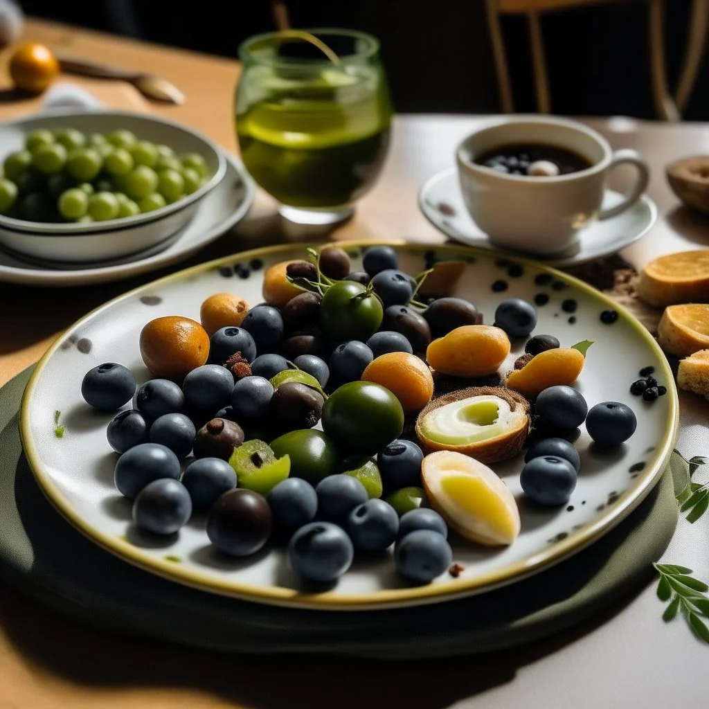 A plate of olives surrounded by breakfast