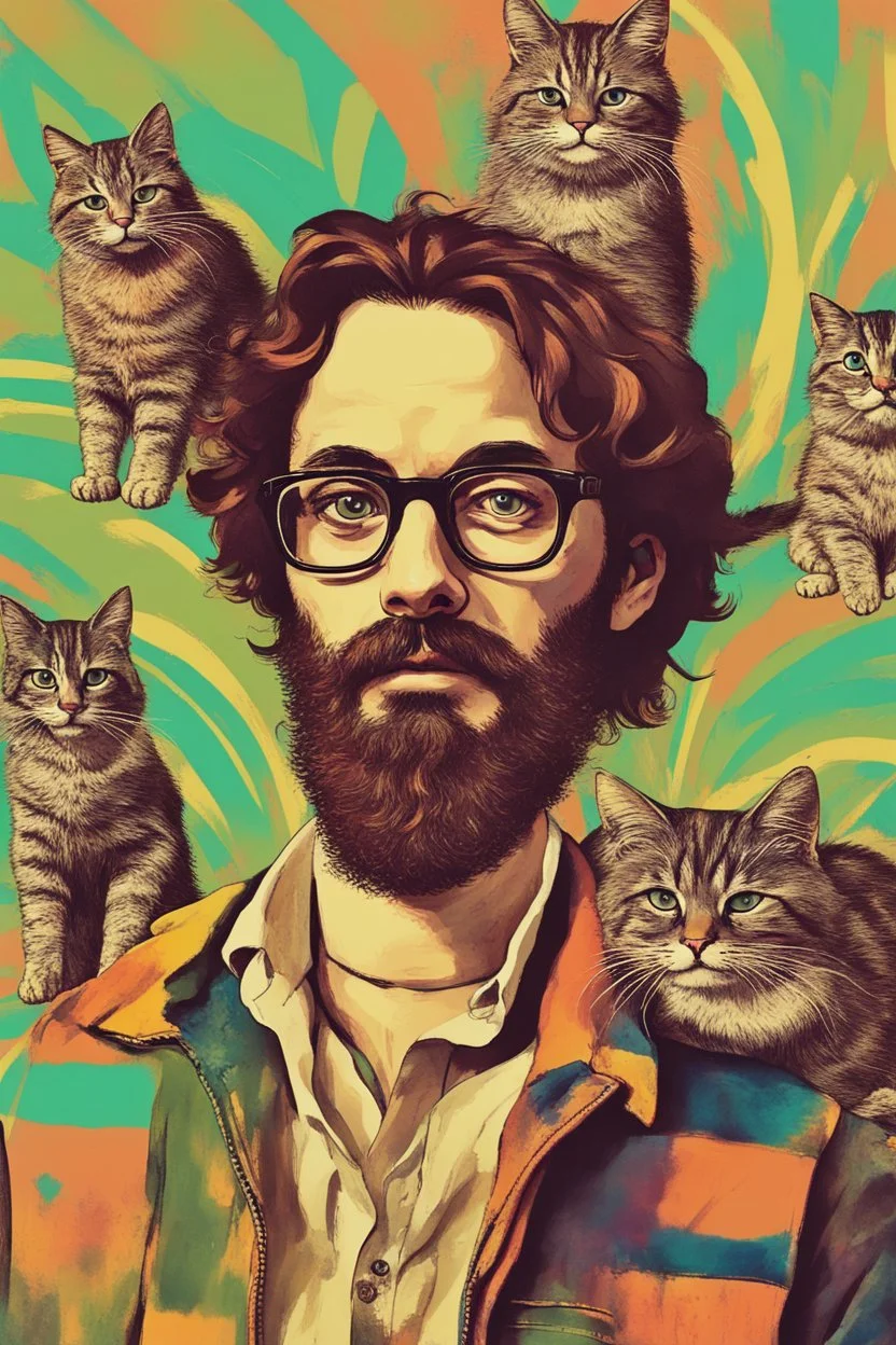 digital bohemian young man with strange face with aspect of cat in his 40s with Parisian bohemian look and glasses of colours and poor and short short hair on the head with receding hairline. Farsightedness glasses with big eyes. Long beard. Vintage look and feel like photos of the 70s