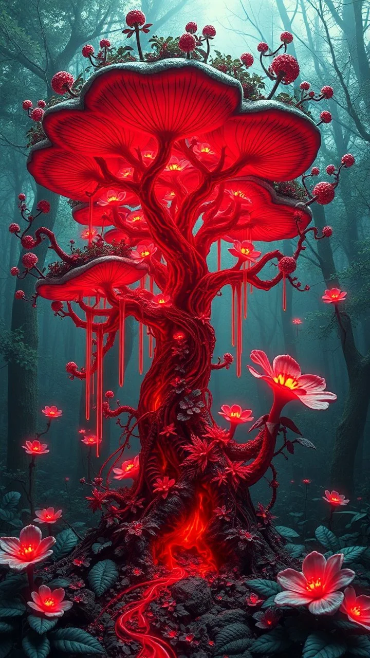 Quintessential Horror Surrealism:A cyber-a jasmine tree catastrophic dimensional fission through Seedream 3D recursive rendering, fracturing into chaos Legion Doodle simultaneous nightmare realities while simultaneously occupying four perforated reality levels—manifests as a blood-drenched forest where trees weep crimson sap and bioluminescent fungi pulse with recursive Fibonacci patterns, surrounded by carnivorous flowers with fanged mouths dripping neon venom; mat