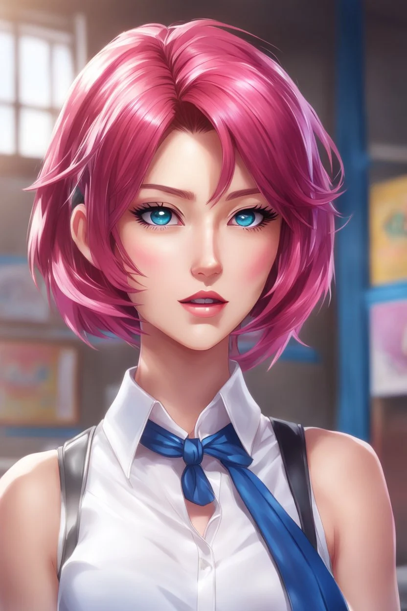 yugioh art style, character design, character concept art, realistic manhwa art for beautiful striking female teacher in the classroom, crimson hair with pink tips, blue Hair bobbles, bob haircut, blue eyes, light make-up, ruby lips, smooth, soft face, sculpted body, toned physique. she wearing sleeveless satin shirt that is white, classic collar shirt, cropped shirt, deep v-neck, elegant, passionate and beauty, red skirt, silver bracelet. Miki Asai Macro photography, vector art, sketch art, hyp