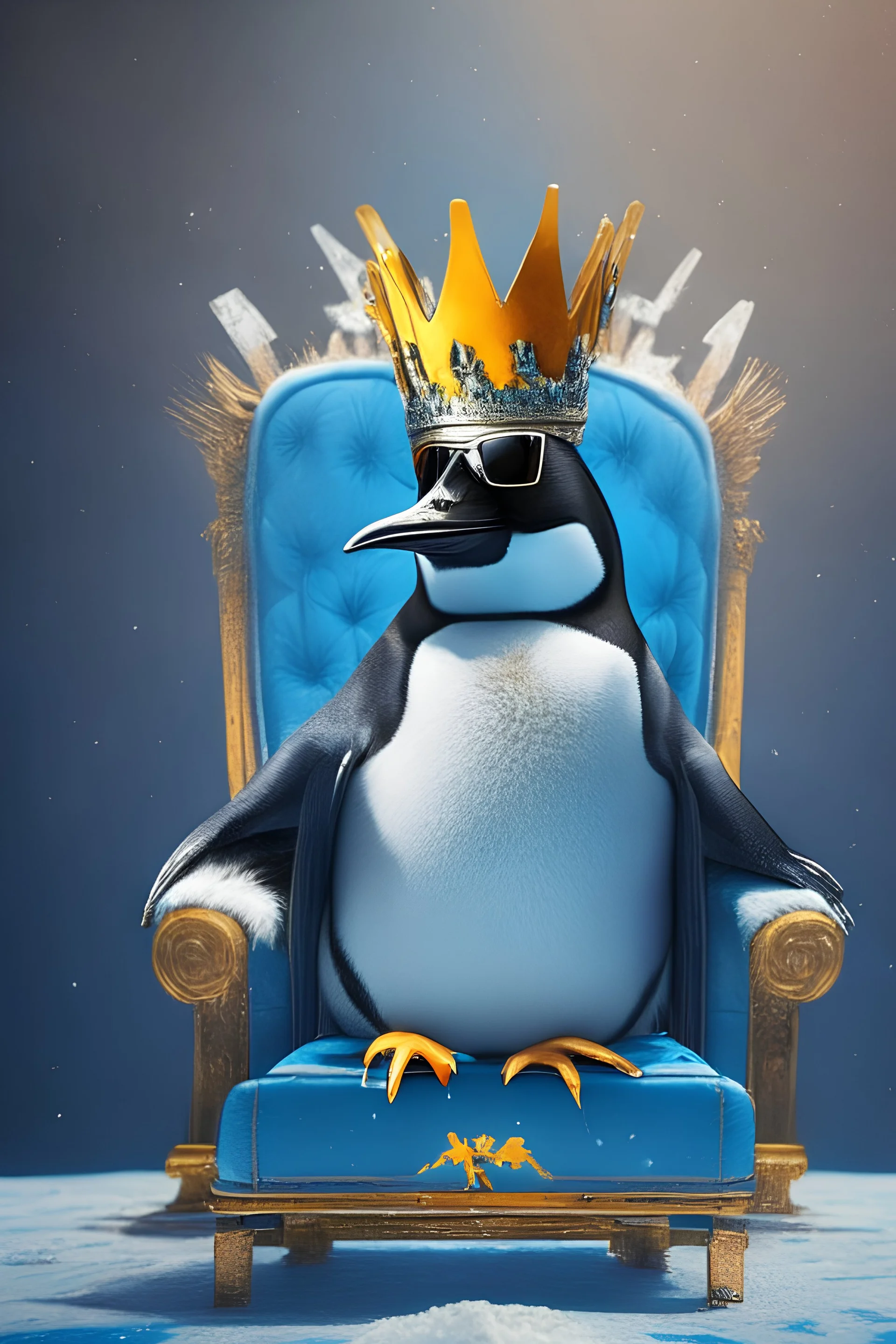 pinguin with a crown and sunglasses on a throne