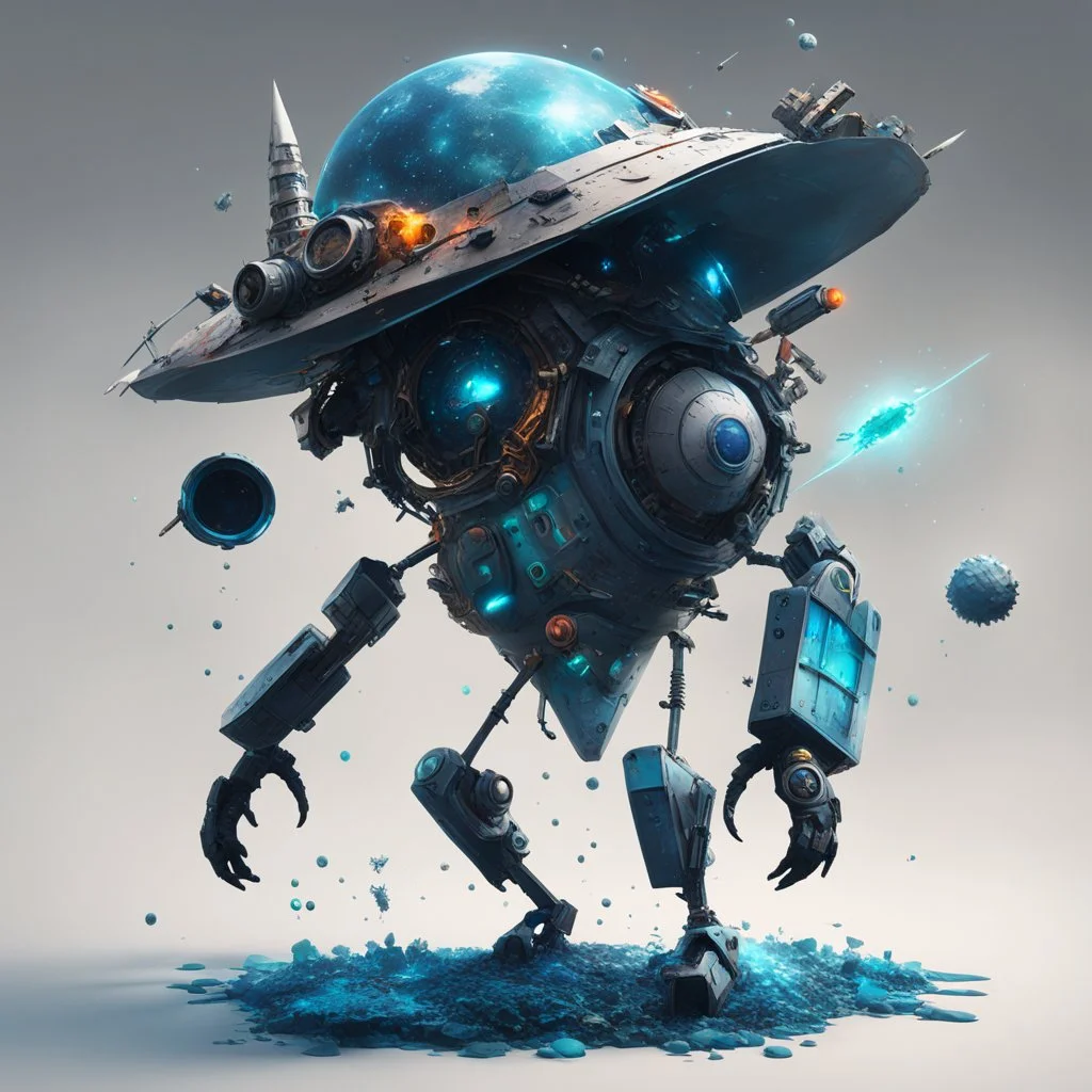 a creature made of liquid with a hat made of space debris, fragments of wreckage, essential parts, and salvaged components