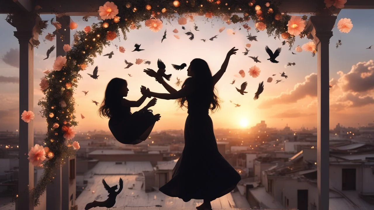 Hyper Realistic Photographic-Silhouette view of a beautiful mother with long-black-hair-whirling, carrying & happily-playing with her smiling-baby in her hands on a rooftop decorated with flower-arches, garland-lights-&-petals-whirling with cloudy-sunset-behind & silhouette-of-birds-flying showing dramatic & cinematic ambiance.