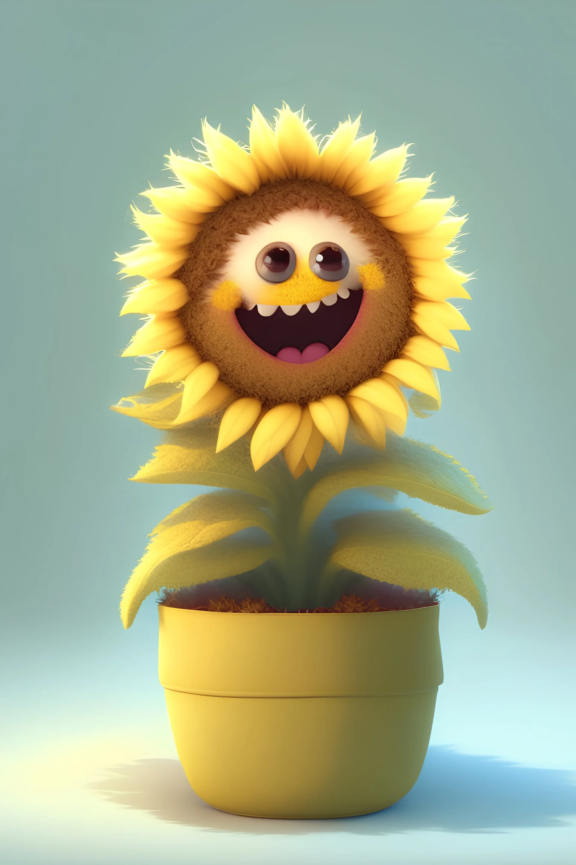 Cheery and cute sunflower in a pot avatar full body in fluffy material