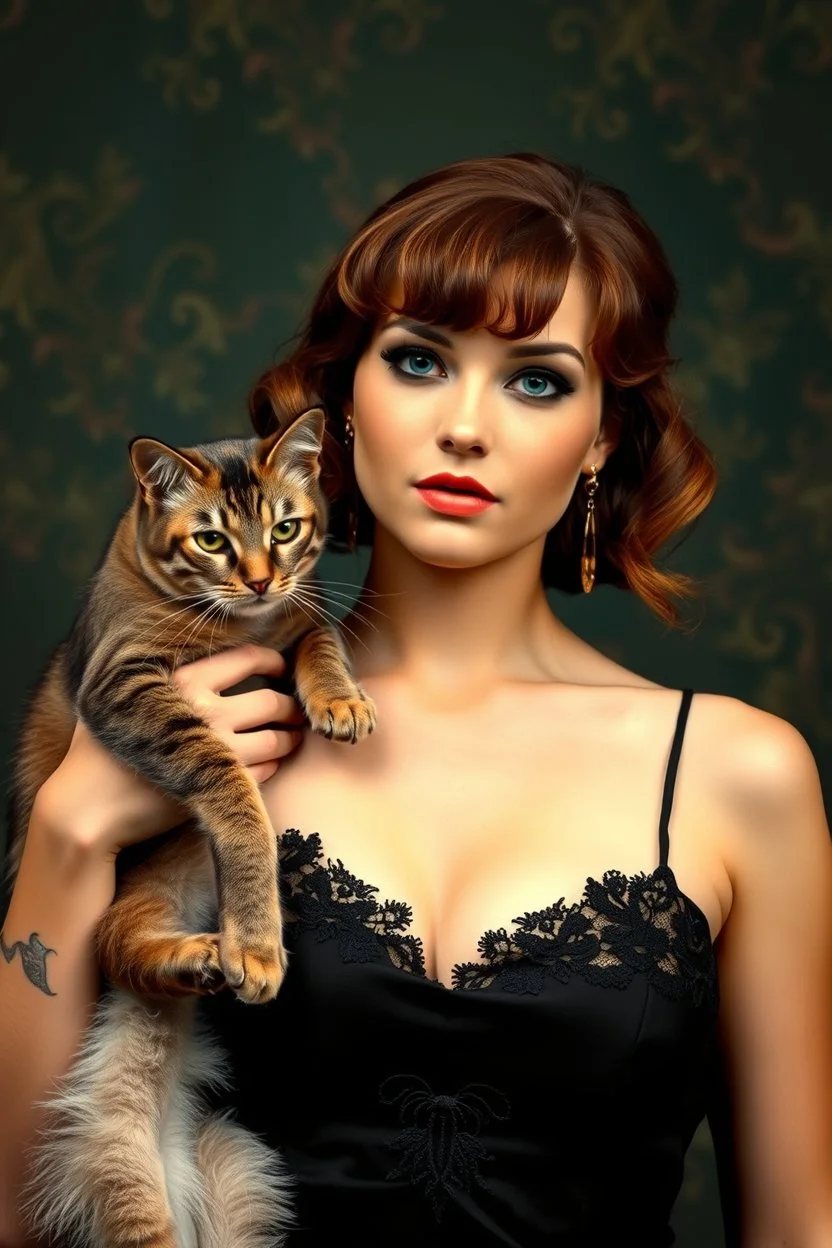 photo, portrait of a beautiful art deco woman with a cat in black silk and lace dress