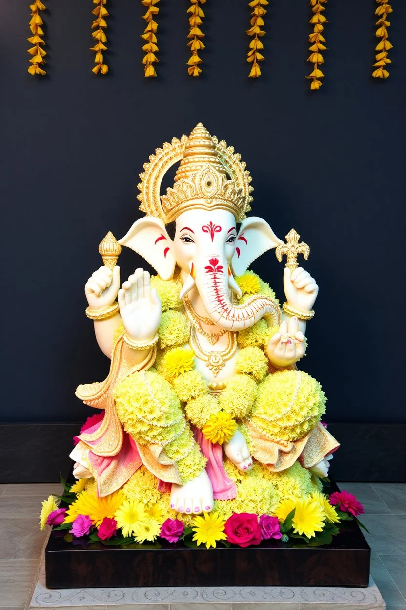 A statue of lord Ganesha made of pure flowers, beautiful,