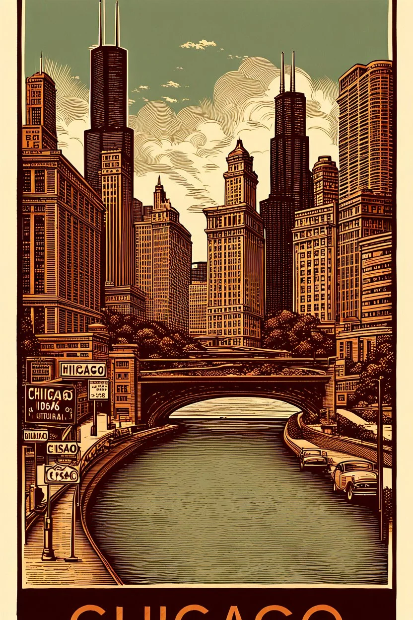 vintage-style woodcut illustration of Chicago's skyline featuring the Willis Tower (formerly Sears Tower) and other modern skyscrapers. The image has a sepia-toned color scheme with black and brown elements. In the foreground, a curved highway labeled "ROUTE 66" with vintage cars driving on it. Street signs reading "CHICAGO", "LAKESHORE DRIVE", and "MILLENNIUM PARK" are positioned in the upper portion. The illustration includes a bridge spanning across a body of water, with architectural details