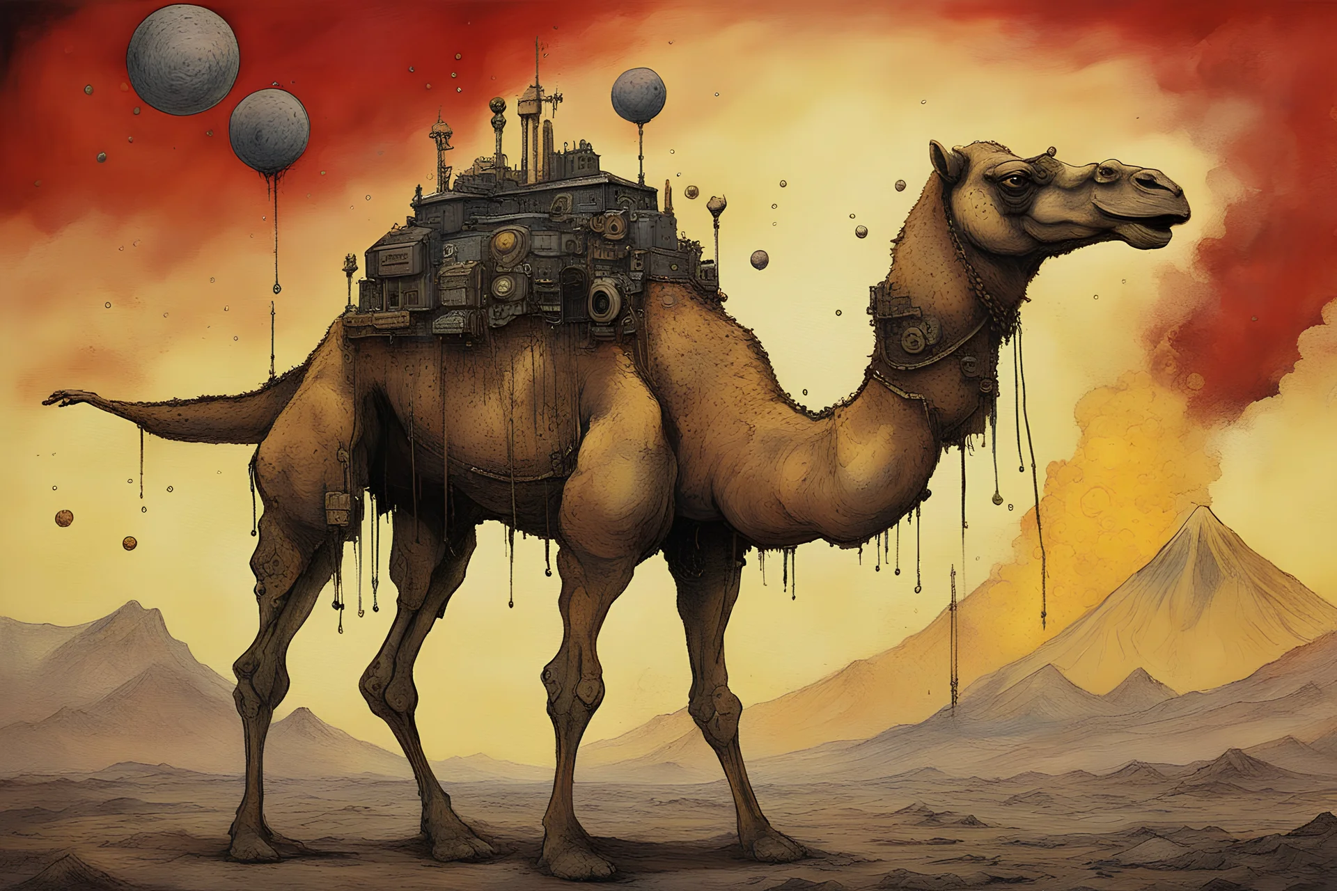 gloomy image of surreal steampunk cyberpunk a scary Giant Camel robot with volcano explosion on camel back,a red mixed yellow liquid Maxma fire-foams air-bubbles spilling and melting down from it ,solar system background,in the style of tim burton, john kenn mortensen and leonora carrington, bizzarre, wacky, mixed media, surrealism painting, a journey into my imagination, detailed, elegant, intricate, 4 k, scary painting