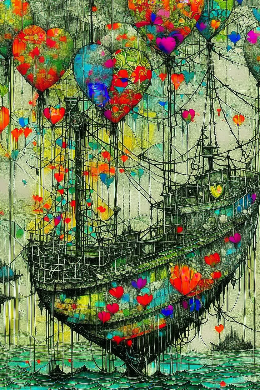 Abstract mixed media kintsugi art in intricately detailed and textured Seth Apter, Ernst Haeckel, Peter Wileman and John Hoyland style: "Fishing flying mantarays, fisherboat carried by heart-shaped balloons, overgrown with foliage and dangling vines, in an enchanted, magical, misty caribbean seascape, with colourful Yayoi Kusama textures, rainbow bubbles, in the clouds." Contemporary Art, incorporating collage and graphic shapes, with figurative and enchanted, mystical elements. By Susanne.