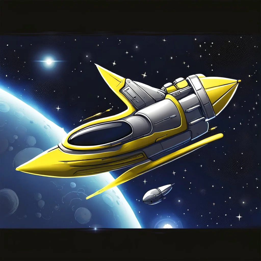 draw cartoon yellow banana as starship flying in space.