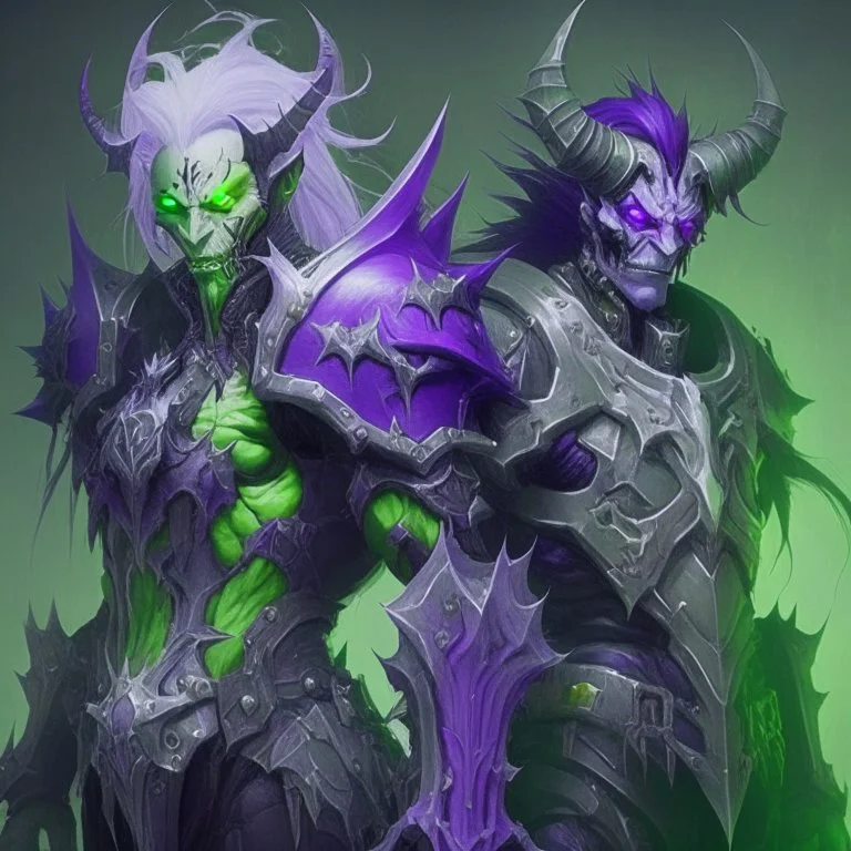 Demonio de armadura morada y verde con cabello blancos posando junto con un demonio de armadura negra y verde con cabello negro