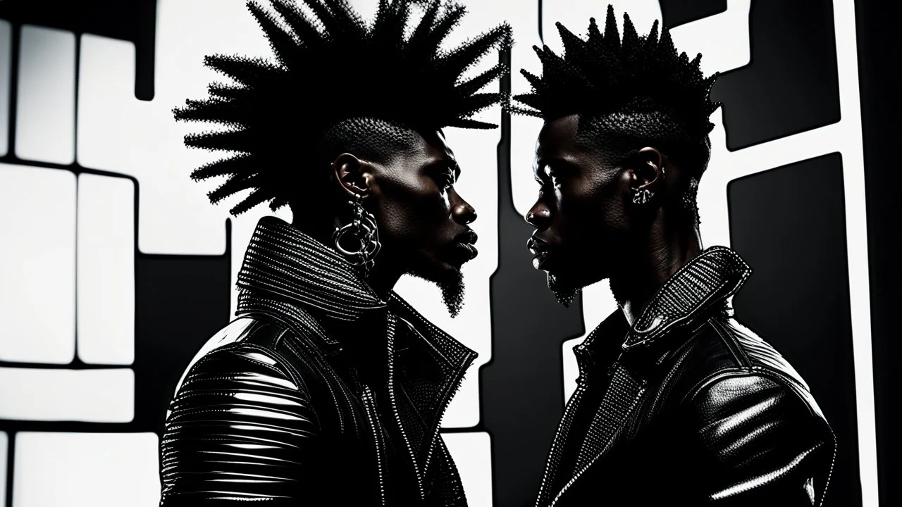 two Afro-American males facing each other in profile, confrontational stance, high-contrast black and white, deep shadows, bright rim lighting, dark studio background, punk spiked mohawk hairstyles, metallic reflective jackets, skin highlights, intricate chrome ear frames and jawline exoskeleton jewelry, biomechanical ear cuffs, sculptural contours, sharp silhouettes, cinematic low-key photography, cyberpunk aesthetic, symbolic duality, tension, dramatic