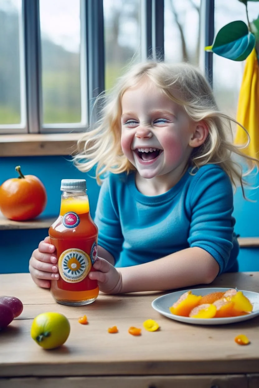 brand campaign for a new drink with orange and chili flavour with drunk blond child person high resolution