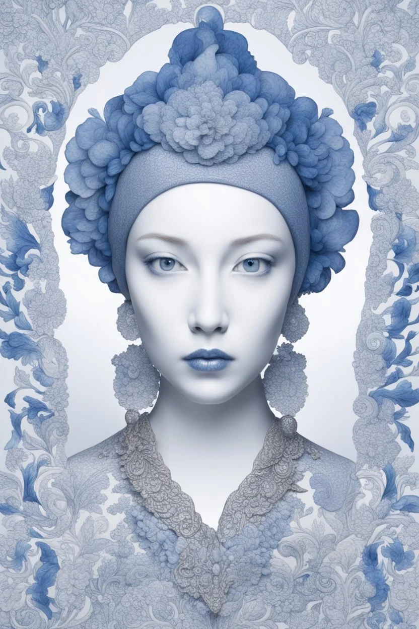 a woman made out of porcelain, in the style of balanced symmetry, white and blue, detailed facial features, organic forms, meticulous portraiture, complex patterns --ar 1:2 --stylize 350 --c 2 --v 6. 0