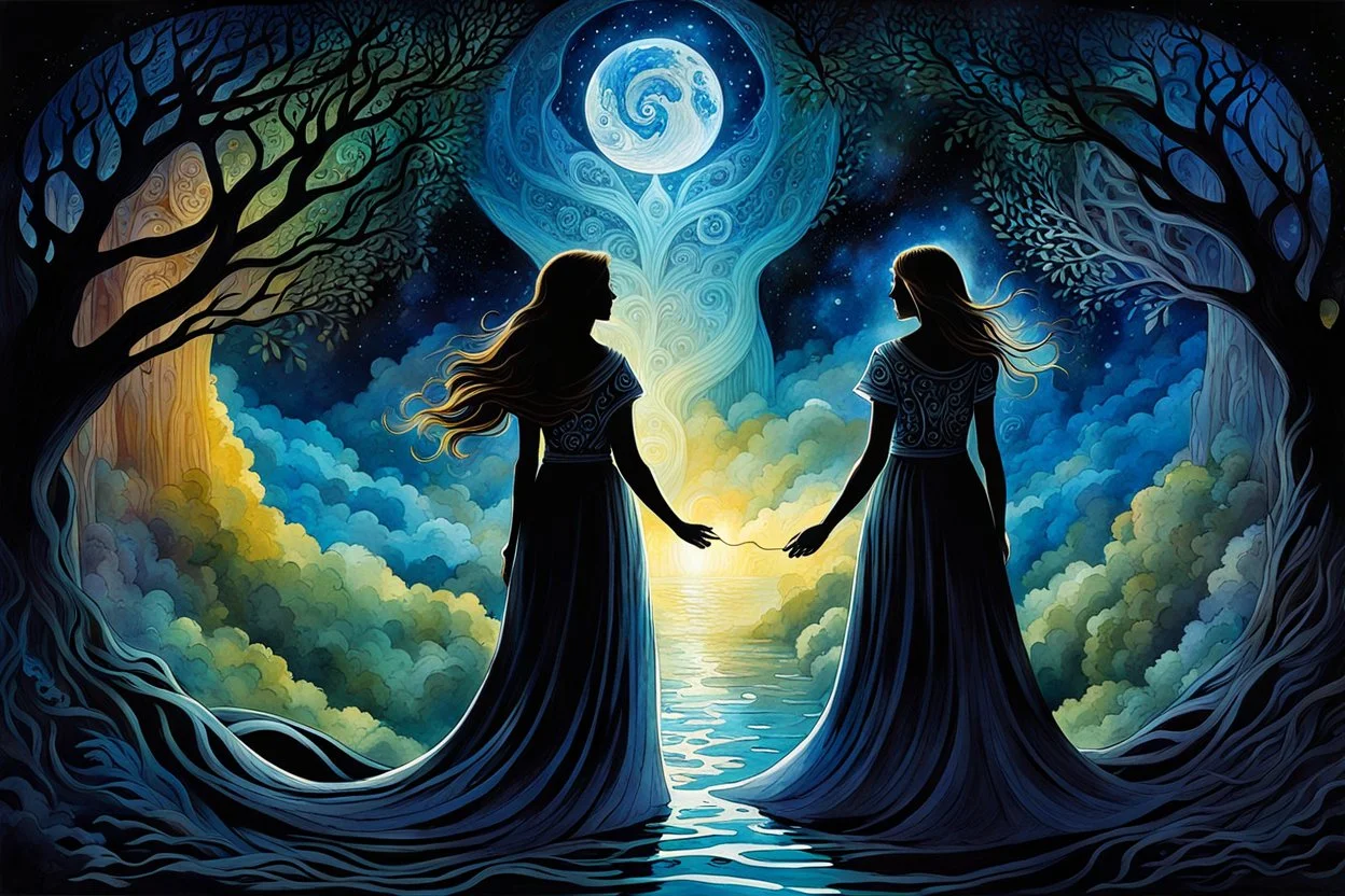 girl and her mother in an mystic of eight shining, shadows shape, etheral, many female generations, shadows, love, embracing each other, touching, mystic relationship, expressive illustration of the mother-daughter relationship detailed matte painting, deep color, fantastical, intricate detail, splash screen, fantasy concept art, Gouache Style, Watercolor, Epic, Masterpiece, Thick Brush Strokes, Impasto Gouache, thick layers, Soft muted colors, beautiful details, spiritual design