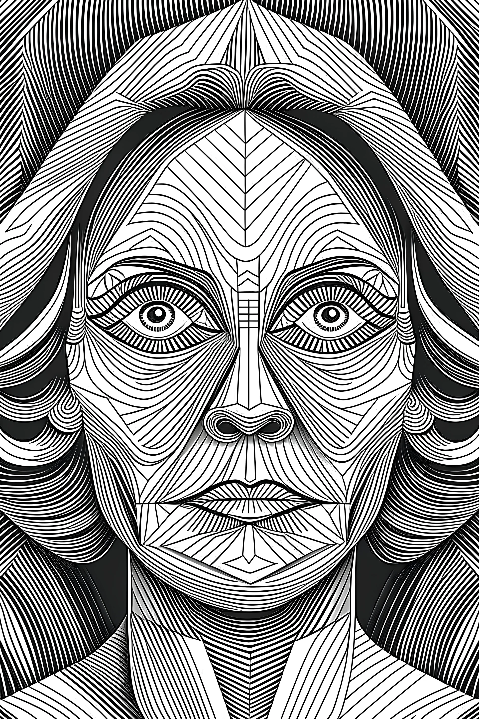 Create an artistic portrait of a woman that incorporates an optical illusion. When viewed from one angle, the face should appear as that of a child, and when viewed from another angle, it should appear as that of a middle-aged woman. The child and middle-aged woman faces should seamlessly blend into a single face, achieved through the use of optical illusion techniques. Design this using an AI-powered drawing program