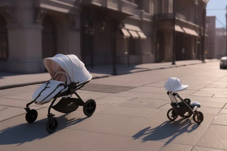 Looking downward at a Large baby carriage on a sidewalk. There is a baby inside the carriage. The baby looks like A young Donald Trump