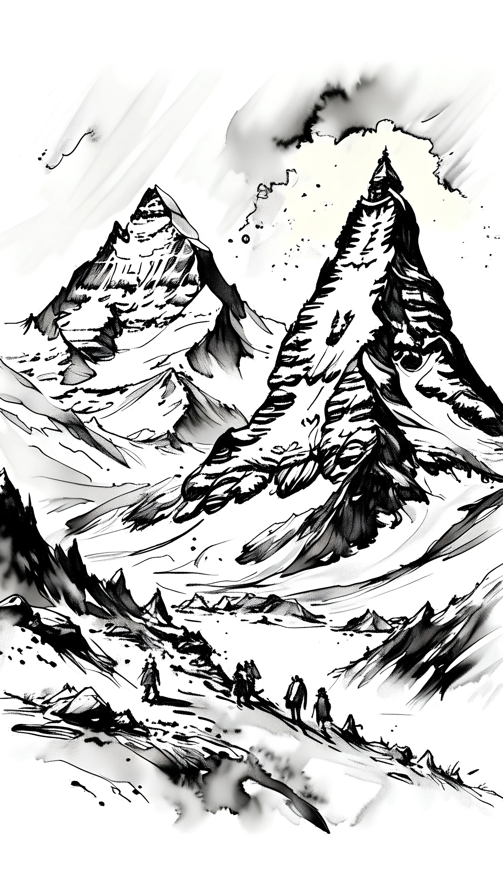 Ink painting, "matterhorn", mountainers in the picture