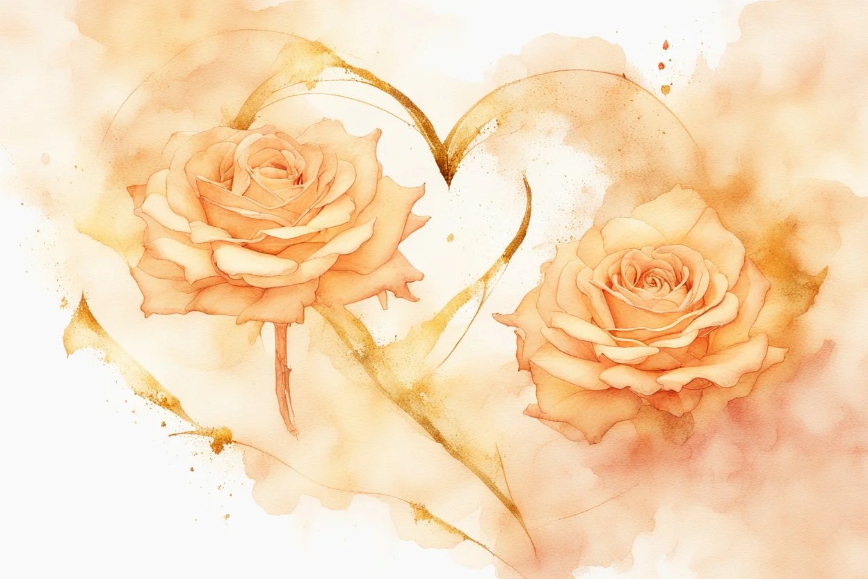 double exposure, merged layers, roses with dynamically blazing fire in ochre, ink splatter art, watercolor and ink, golden glitters, double exposure heart and love