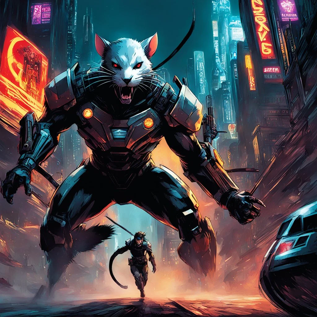 Cómic ot (Catman: 1.5) cyberpunk chases three humanoid rats that are running around in terror