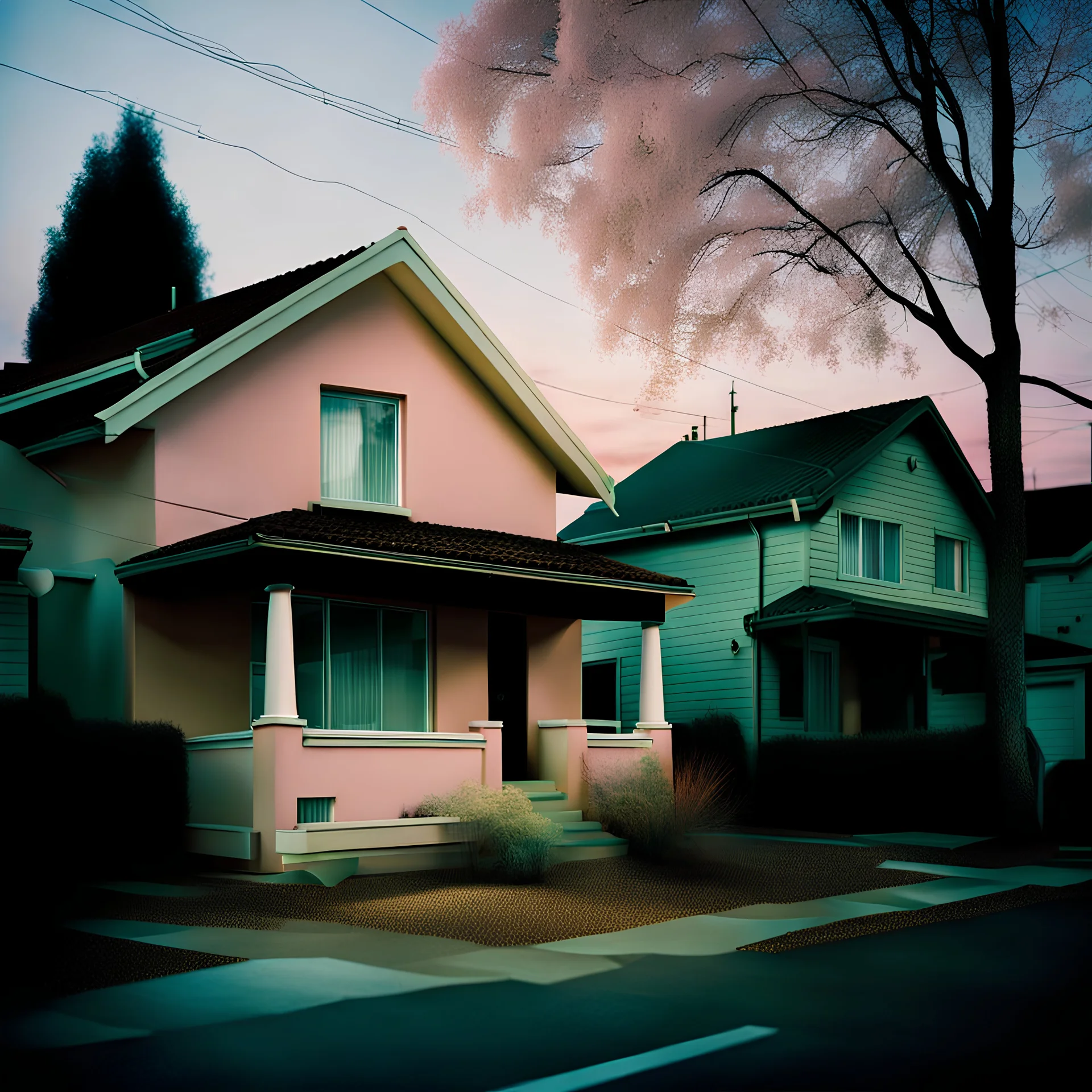 Photograph of a liminal suburbs, light pastel colors, blurred image from 90's