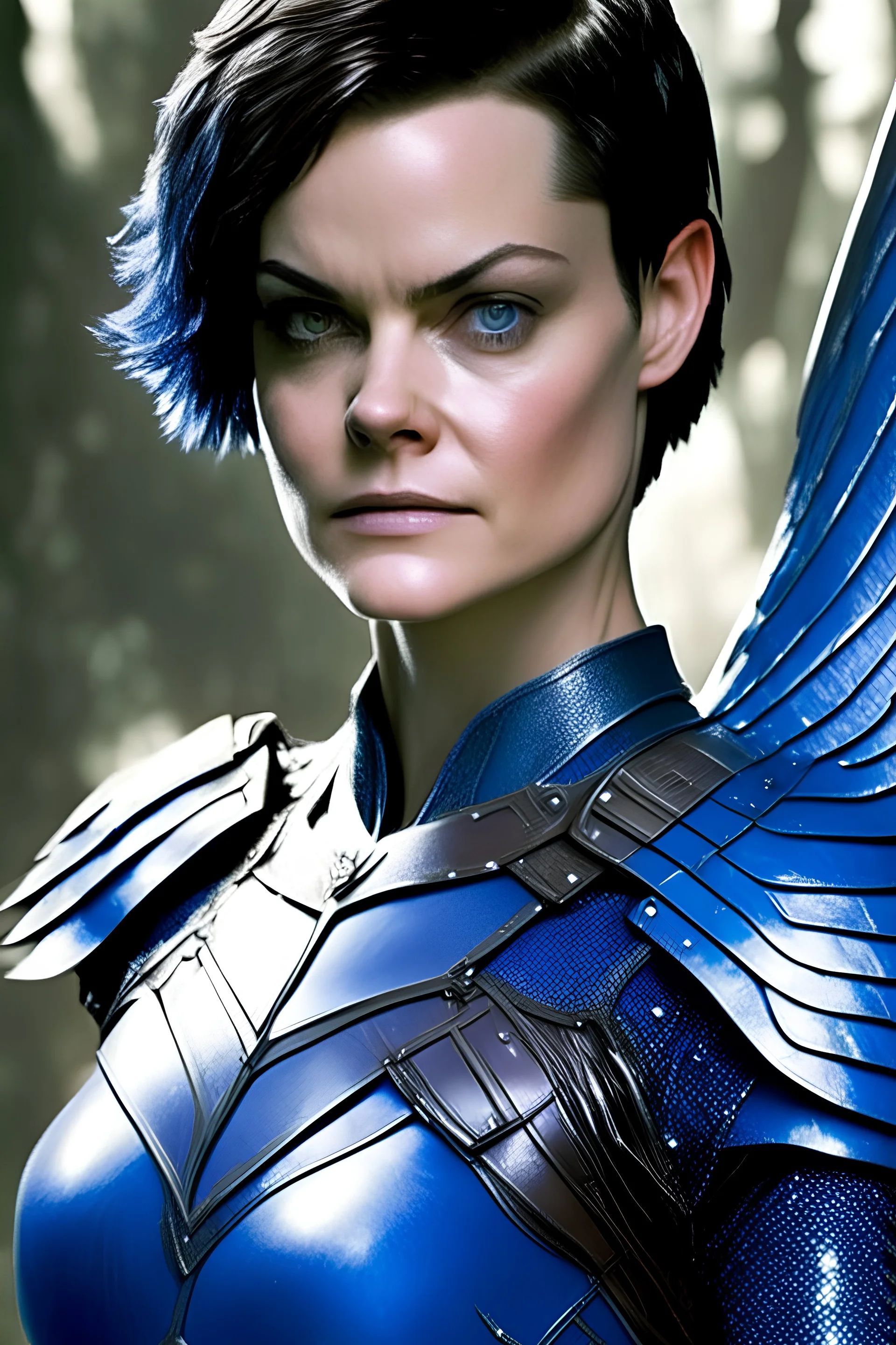 Short haired Jaimie Alexander blue armor angel