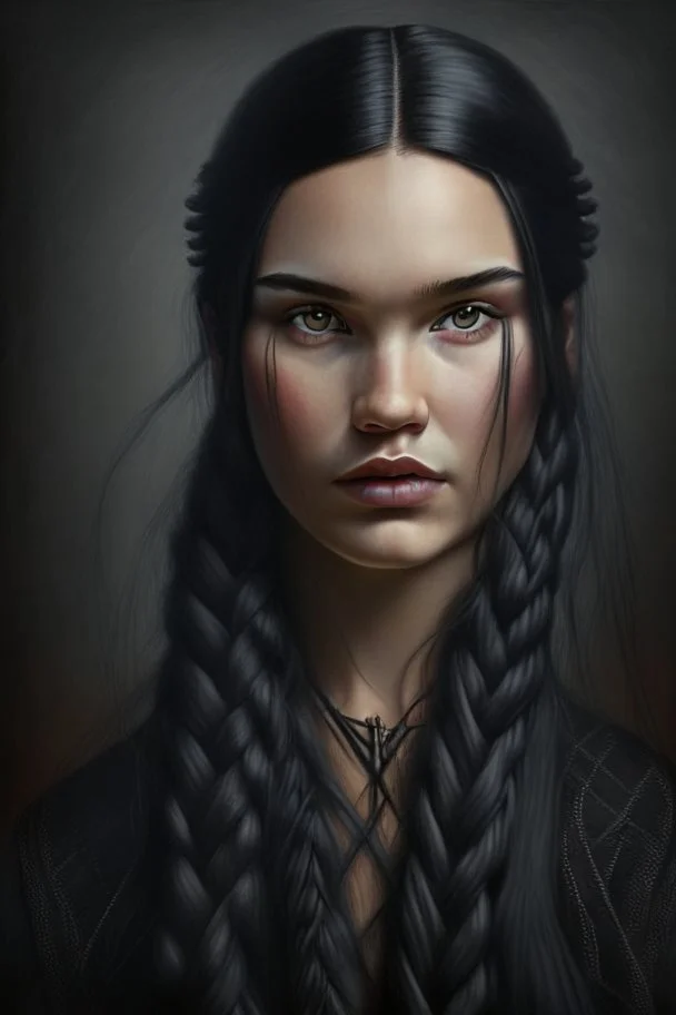 Portrait of a young woman, long black hair in a braid, dark eyes, proud look, extremely beautiful