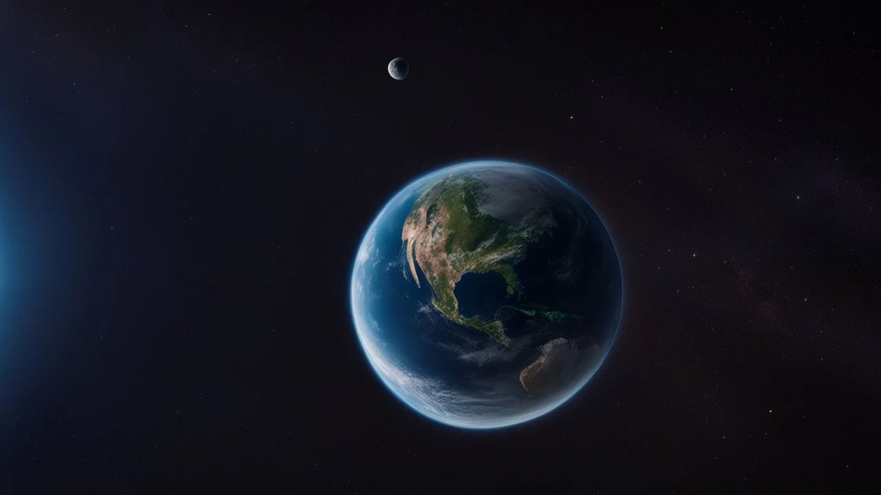 تصوير جوي للأرض من الفضاء، حيث يظهر الكوكب الأزرق الجميل في خلفية مظلمة وغامضة. تتلألأ سطح الأرض بألوانها المتعددة، ويتجلى لمحة من السحب والمحيطات. تنعكس ضوء الشمس بلطف على الجانب المضاء، مشيرةً إلى التنوع والجمال الذي تحمله هذه الكوكبة المعجزة.