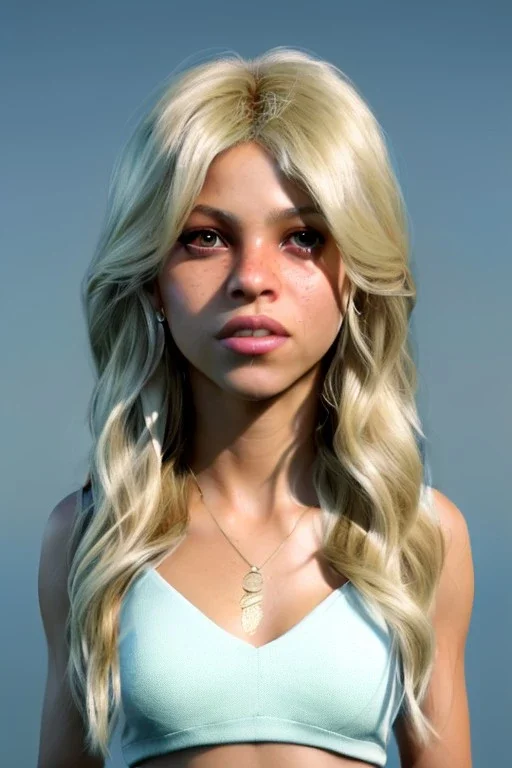 Shakira, artist, 30 years old, Realistic image, waist up portrait, blonde, loose long hair, wind, eyes make up, perfect, glow, circle iris. concept art, smooth, unreal engine 5, god lights, ray tracing, RTX, lumen lighting, ultra detail, volumetric lighting, 3d, finely drawn, high definition, 4k.