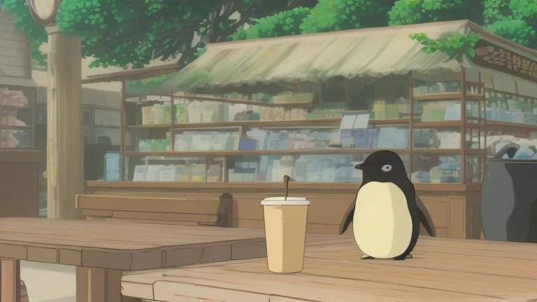 young woman talk to a penguin in coffee-shop