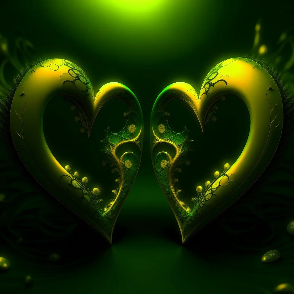 two hearts, dark green and yellow colours, fantasy atmosphere