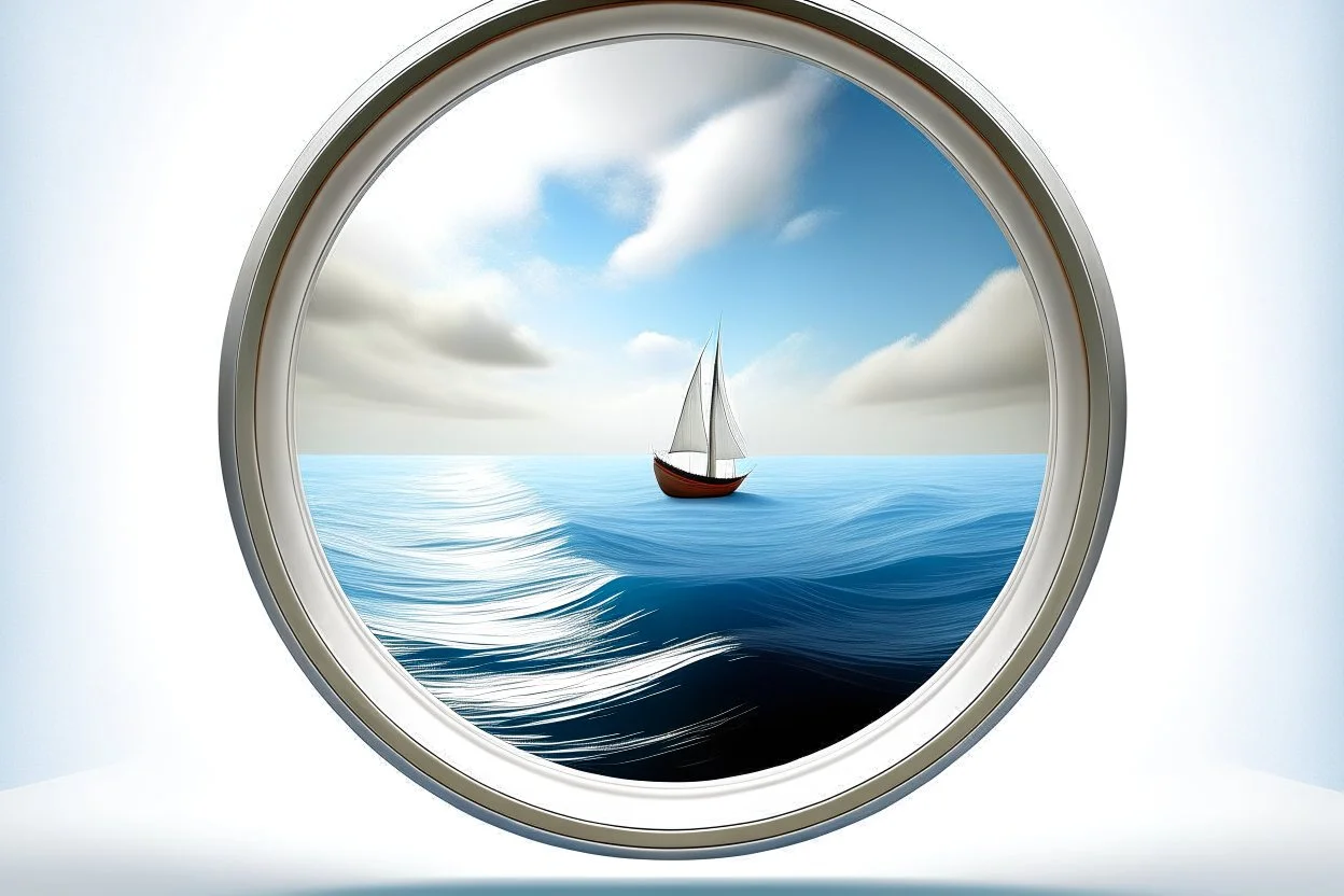 white,background,looking,through,a 3-d, hole,or,window,,a,seeing into an,ocean,with,sailing,boat