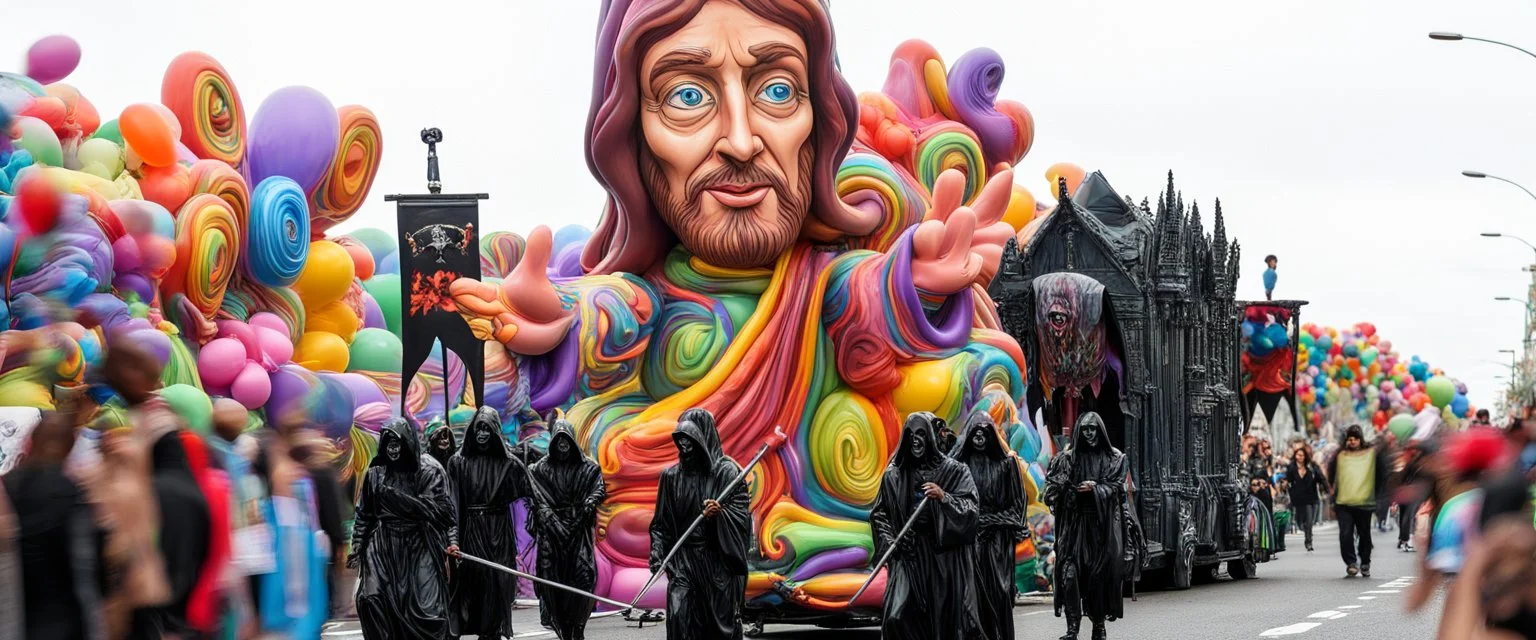 200 ft tall floating cartoonish jesus parade balloon pulled by multiple grim reapers, multi colored, bright, vivid, psychedelic, high detailed, high gloss, insanely detailed, matte, horrorcore, lining the street, unsettling contrast, monument to death, live action shot grim reaper parade, pulling a jesus parade float