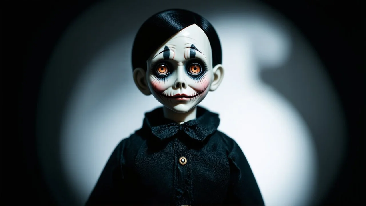 Dark and eerie realistic doll, inspired by Tim Burton's style, intricate details on porcelain face, dramatic lighting with shadows, creepy atmosphere, concept art by Gris Grimly.