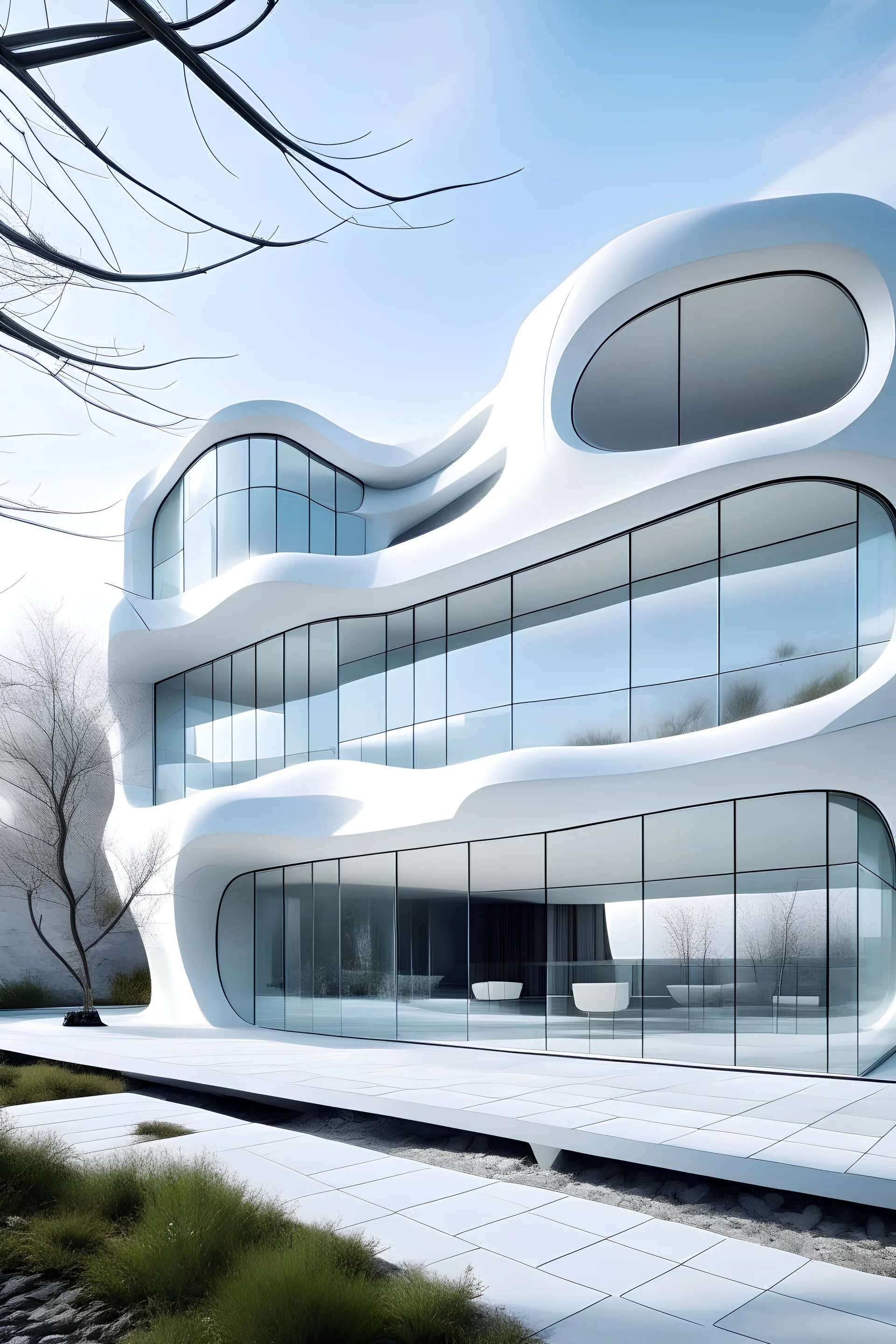 Horizontal building made of glass and white concrete, using organic shapes, make the levels disolve into the facde making them invisible from the outside