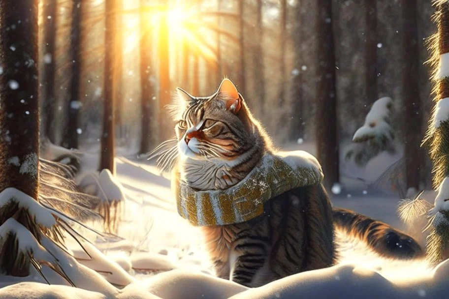 Cat in Wellensteyn coat, winter forest, pine trees, snowing, in sunshine