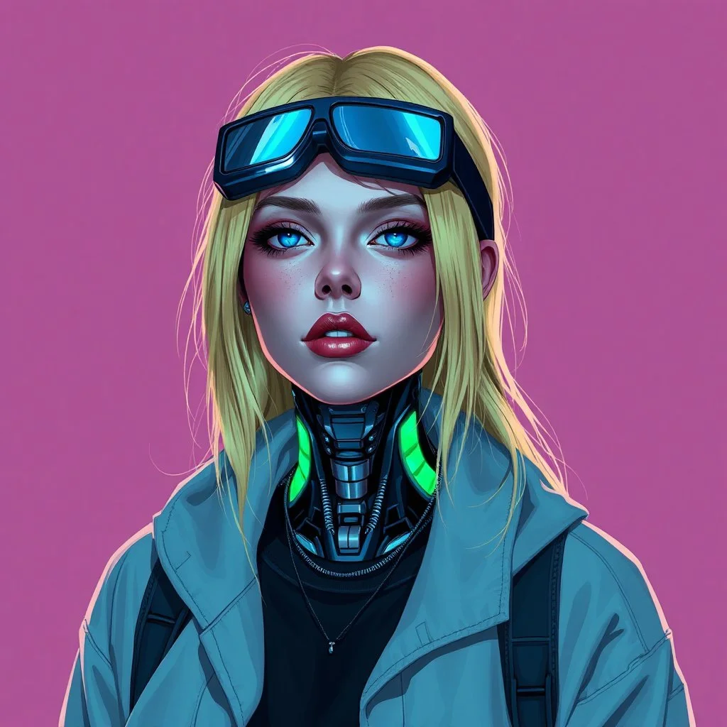 a blonde woman wearing streetwear, robotic neck, digital art, stylised