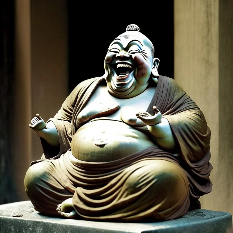 A statue of the laughing Buddha, a smiling face and he is rolling with laughter